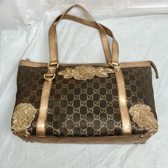 Vintage, Rare, Gucci, GG Brown and Gold Coated Canvas Handbag (12in x 9in x 4in) - Picture 6 of 15